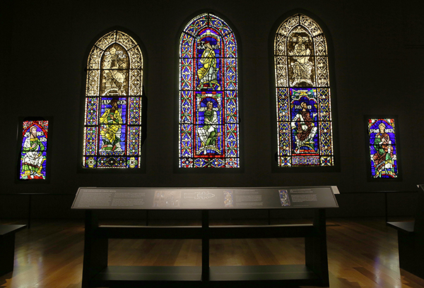 Installation view of stained glass windows from Canterbury Cathedral in Canterbury and St. Albans (at the Getty Center, September 20, 2013 to February 2, 2014). Stained glass courtesy of Dean and Chapter of Canterbury.