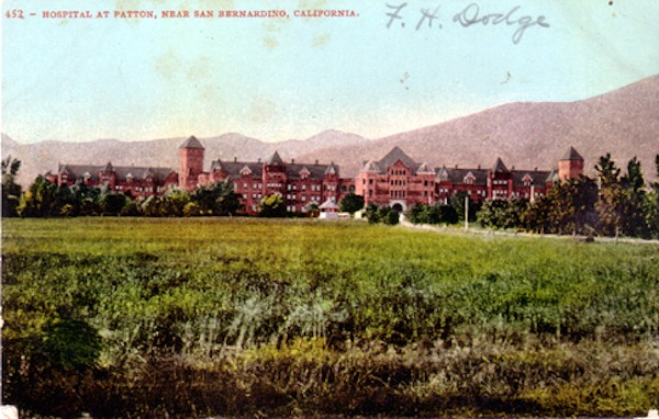 Postcard c.1910s of Patton State Hospital in San Bernardino. Patton, Southern California’s primary mental hospital for many years, was the largest sterilizer of the mentally ill in California and second highest sterilizer overall in the state.