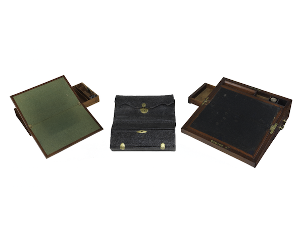 Like the laptops and mobile devices of today, these 18th-century writing boxes—belonging, from left to right, to Thomas Jefferson, George Washington, and Alexander Hamilton—were portable bases from which to communicate. 
