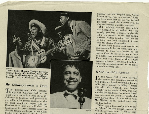 Newspaper coverage of Rosetta Tharpe performing in 1944.