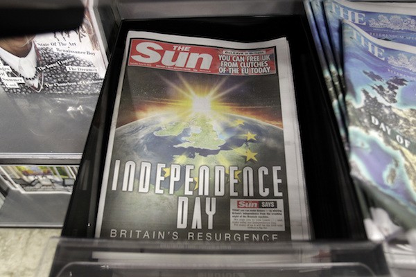 The front page of the Sun newspaper reporting on the EU referendum on a London news stand on June 23, 2016.