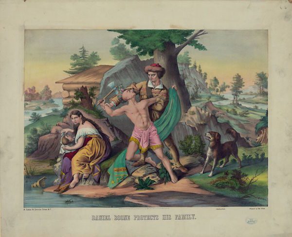 An 1874 lithograph titled “Daniel Boone Protects His Family."