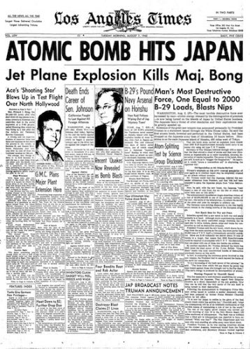The front page of the Los Angeles Times, Aug. 7, 1945.