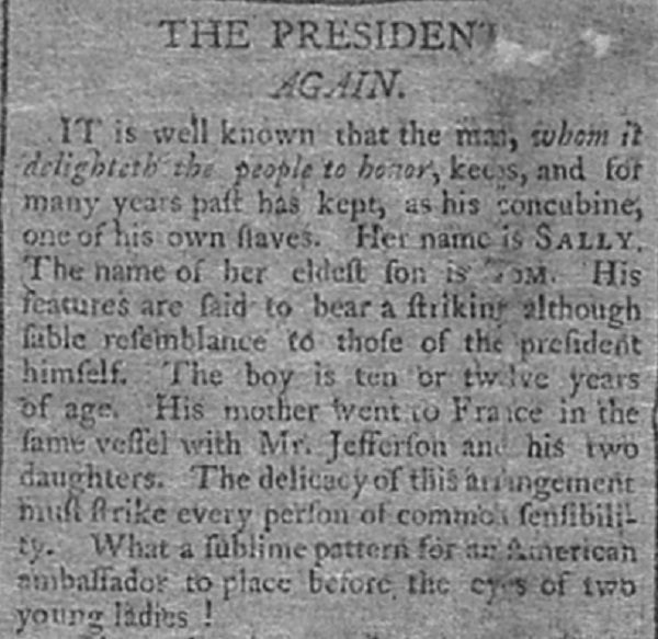 "The President, Again" published on September 1, 1802. By James Thomson Callender. 
