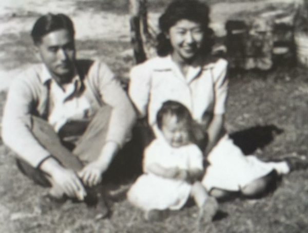 Author’s oldest uncle with his wife and first child at the Gila River Internment Camp. 