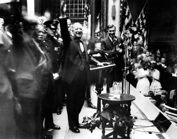 New York Gov. Alfred E. Smith, nearing the close of his campaign for president, addresses supporters in a packed house at the Academy of Music in Brooklyn, N.Y., Nov. 3, 1928. 