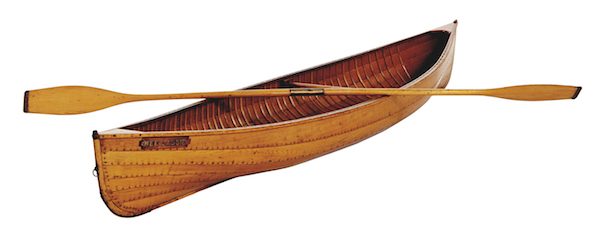 A William English canoe, made in the 19th century near Peterborough, Ontario. It is among the first all-wood canoes made in a strip form. 