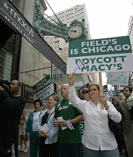 Protestors in front of the recently rebranded Macy’s on Chicago's State Street, formerly Marshall Field’s, in 2006.
