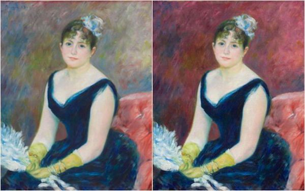 Renoir’s 1883 portrait of  Madame Léon Clapisson and the digital recolorization. Art Institute of Chicago via the BBC.