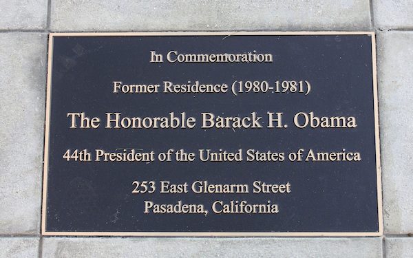 A plaque is seen in front of the Pasadena residence where Barack Obama lived during his sophomore year at Occidental College. Photo by John Antczak/Associated Press.