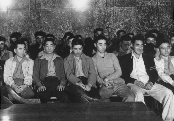 The first day of the trial of the 63 Heart Mountain draft resisters in Federal District Court, Cheyenne, Wyoming, June 12, 1944. Courtesy of Frank Abe.