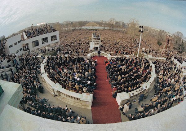 A wide angle view from the Capitol balcony as President Ronald Reagan, visible at center, addresses the nation following his swearing-in ceremony in Washington.  Courtesy of Associated Press.