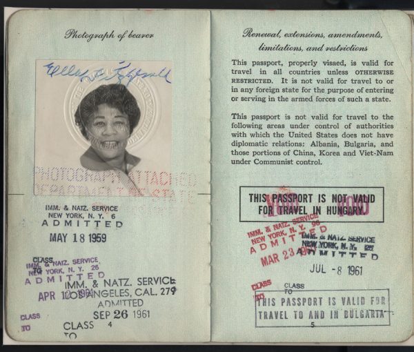 Passport issued to Ella Fitzgerald, 1959.  Courtesy of National Museum of American History.
