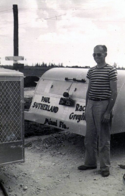 The author's father, Paul Sutherland, and the homemade trailer he made for his dogs. Photo courtesy of Claudette Sutherland.