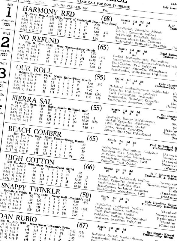 A racing program featuring Beachcomber, the Sutherland family's champion dog. Photo courtesy of Claudette Sutherland.