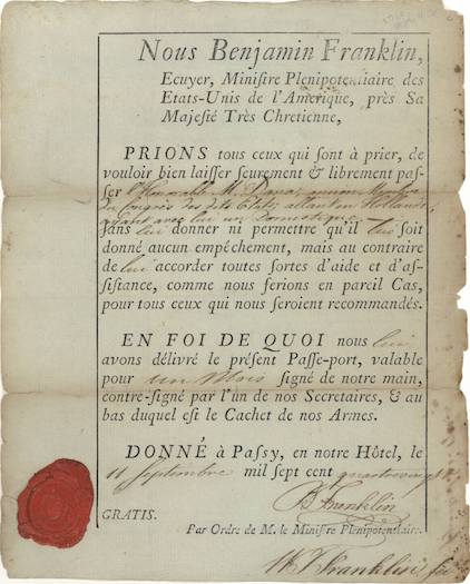 “Passe-port” issued to Francis Dana by Benjamin Franklin, 1780. Courtesy of Massachusetts Historical Society. 