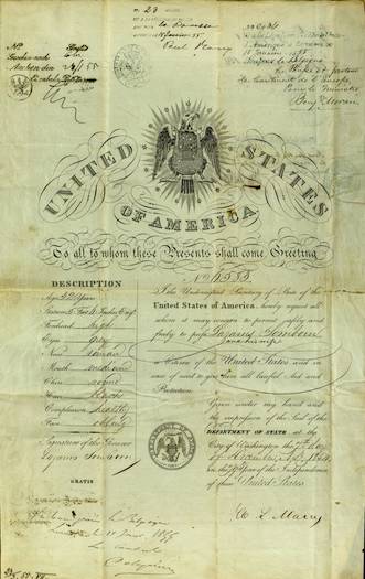 Passport issued to bearer “and his wife.” Note physical descriptions like “roman” nose and “healthy” complexion. 1854. Courtesy of National Archives.