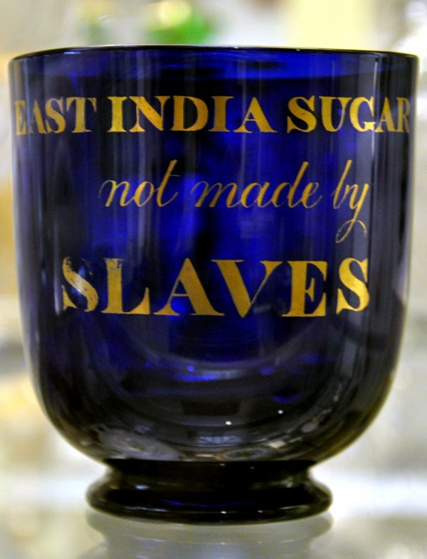 Blue glass sugar bowl inscribed in gilt, "East India Sugar Not Made By Slaves," c. 1820-1830. Image courtesy of The British Museum.