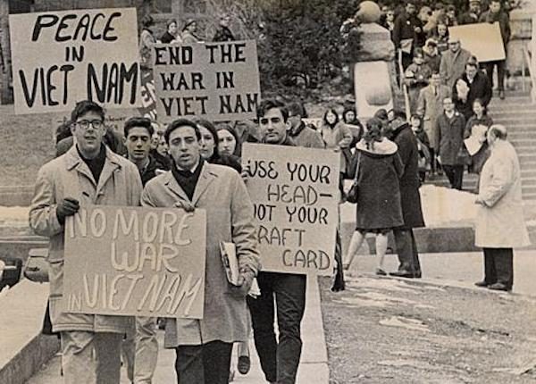 Student protesters marching down Langdon Street at the University of Wisconsin-Madison during the Vietnam War era. Photo courtesy of UW Digital Collections.