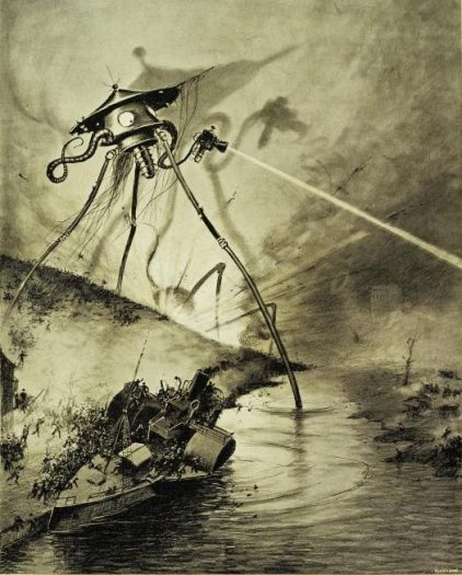 “Le Combat dans la riviere” (1906). Illustration by Alvim Corrêa (1876-1910) for a work by science fiction author H.G. (Herbert George) Wells (1866-1946). Image courtesy of the Spencer Collection of the New York Public Library Digital Archive.