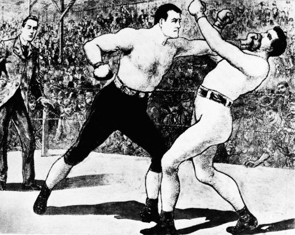 John L. Sullivan and James Corbett squared off in the ring in 1892. Corbett won, signaling the rise of a new, more respectable Irish American athletic icon. Image courtesy of Associated Press.