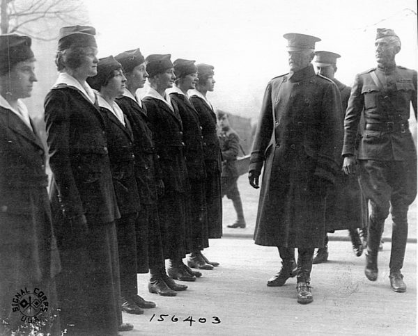 U.S. General John “Black Jack” Pershing inspects switchboard operators serving in occupied Germany. Women remained on duty until discharged after World War I ended in November 1918. The last women were relieved in 1920. Photo courtesy of National Archives and Records Administration.