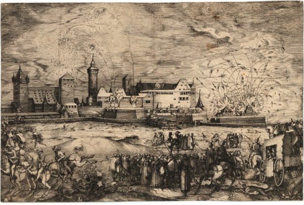 A 1570 print showing fireworks at Nuremberg in honor of Emperor Maximilian II. Image courtesy of the British Museum.