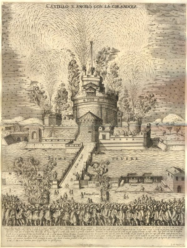A 1579 print showing fireworks at the Castello Sant'Angelo in Rome. Image courtesy of the British Museum. 