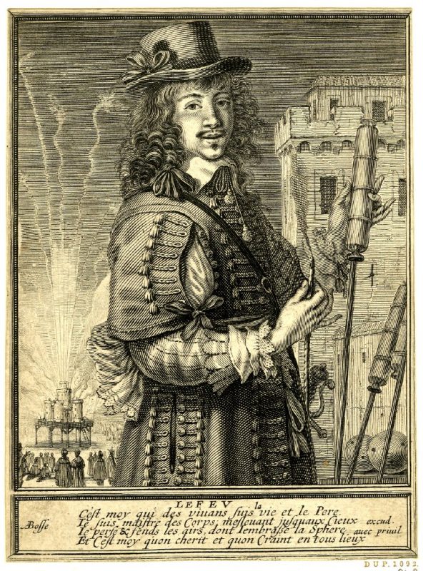 A 1630 print showing a man holding a rocket with fireworks in the background. Image courtesy of the British Museum. 