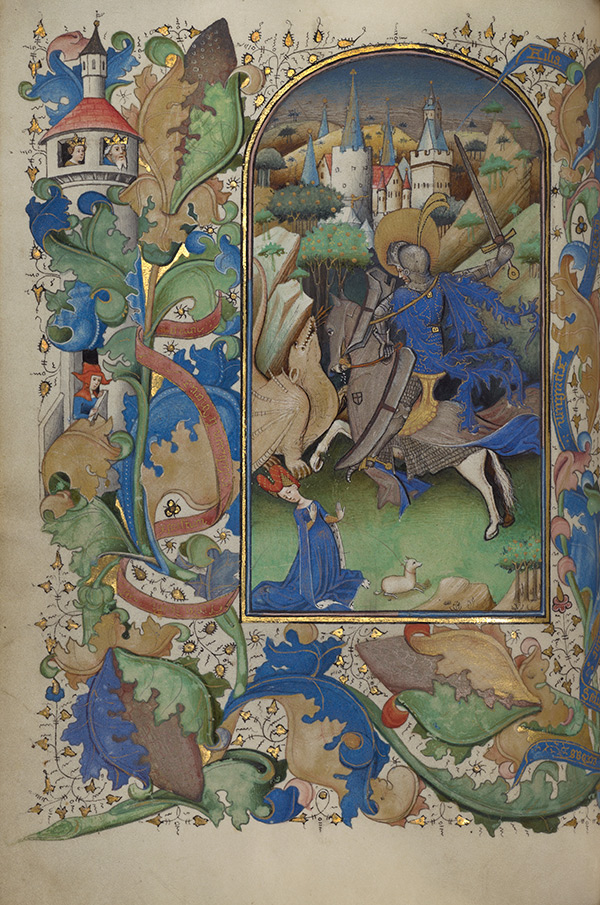 Saint George and the Dragon, about 1450–55, Master of Guillebert de Mets. Tempera colors, gold leaf, gold paint, and ink on parchment, 7 5/8 x 5 1/2 in. The J. Paul Getty Museum, Ms. 2, fol. 18v