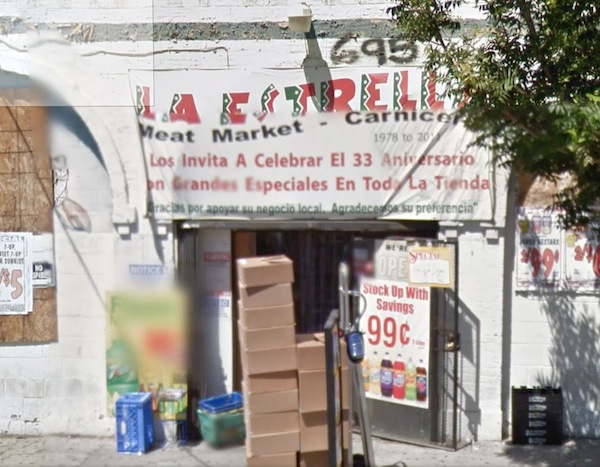 GoogleMaps street view of the same location in 2011, now La Estrella Market. Note the brick trim on either side of the entrance matching the photo from 66 years ago.