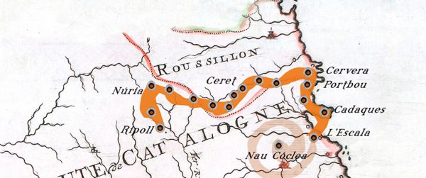Map detail showing the walking route taken by participants of the Grand Tour, in northeastern Spain, near the border with France. Image courtesy of Grand Tour.