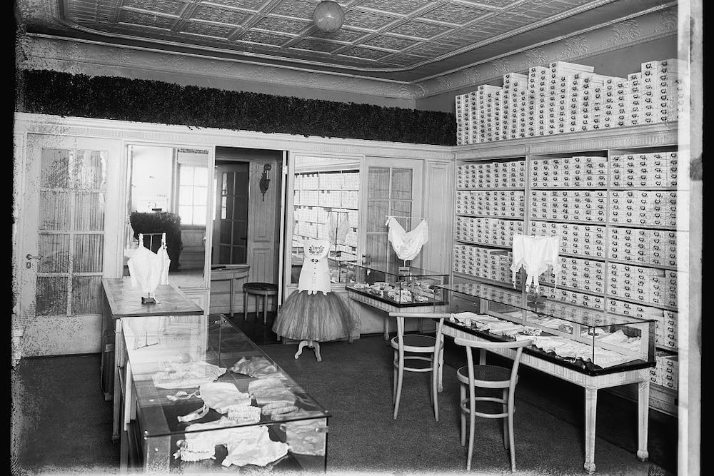 A 1920s undergarment shop, an era in which “women sought to liberate themselves through attire.”
