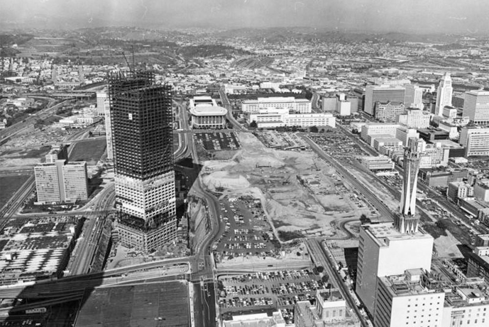 Black and white photo of aerial view overlooking construction on Bunker Hill.