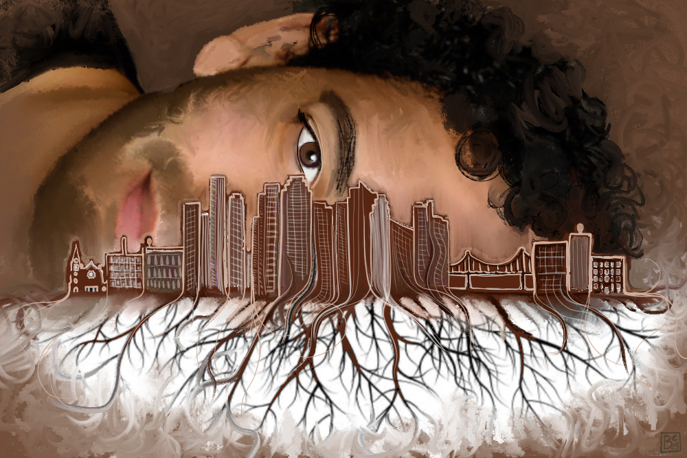 Illustration of a brown man's face sideways. One side of his face is a brown silhouette of a city skyscraper landscape, and the landscape has tree-like roots.