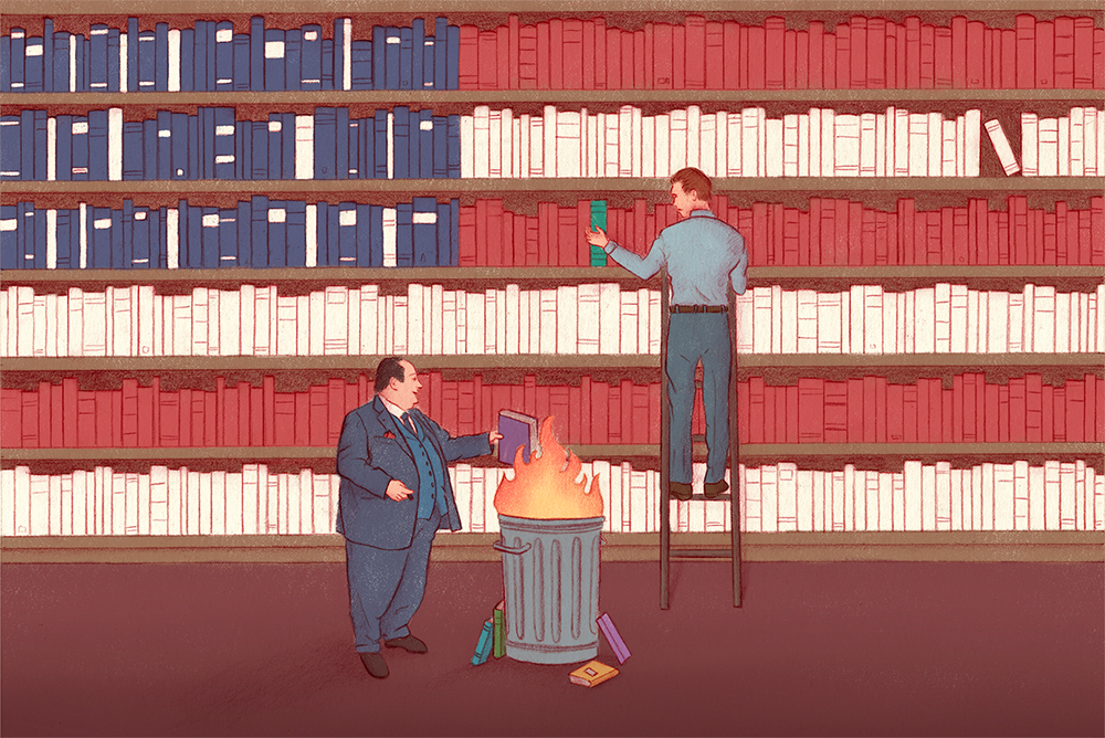 An illustration of a man on a ladder putting a book into a shelf while a man on the floor throws a book into a can fire. The shelved books are colored to look similar to the U.S. flag.