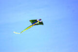 A kite with the image of a cartoon dragon flies across the blue sky.